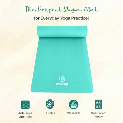 Image of WiseLife Classic Eco-TPE 6 MM Yoga Mat with Yoga Strap for Men & Women | Extra Thick, Long & Wide Non-Slip, Anti-Tear Exercise Mat for Home, Gym, Workout, Fitness, Yoga & Pilates (Teal)