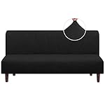 PrinceDeco Stretch Armless Futon Cover Futon Slipcover Full Queen Size Futon Couch Cover Futon Sofa Cover Futon Bed Cover Furniture Protector with Elastic Bottom, Checked Pattern Jacquard, Black