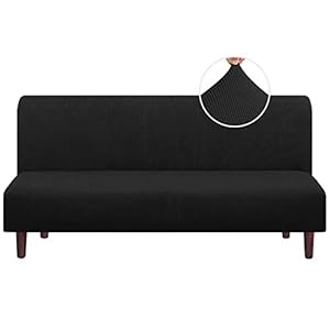 PrinceDeco Stretch Armless Futon Cover Futon Slipcover Full Queen Size Futon Couch Cover Futon Sofa Cover Futon Bed Cover Furniture Protector with Elastic Bottom, Checked Pattern Jacquard, Black