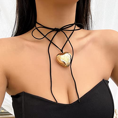 Poydora Y2K Simple Chunky Puffy Heart Choker Necklace, Big Heart Pendant Adjustable Velvet Chain Heart Necklaces For Women Teen Girls … (Black Chain + Gold Heart) #TOP2