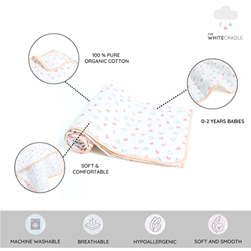 The White Cradle Organic Cotton Softest Baby Blanket/Quilt For Crib/Cot, With 3 Soft Fabric Layers, Reversible Designs, 2 Sides Printed Muslin & Center Flannel, 38 X 48 Inch - Pink Hearts #TOP2
