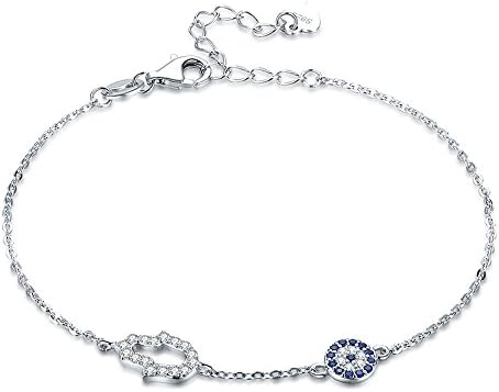 TONGZHE Blue Evil Eye Hamsa Hand Bracelet in Sterling Silver 925 with Cubic Zirconia CZ and 7"+1.5" Cable Chain