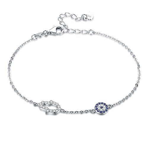 Tongzhe Blue Evil Eye Hamsa Hand Bracelet In Sterling Silver 925 With Cubic Zirconia Cz And 7"+1.5" Cable Chain #TOP30