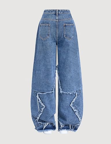 Teen Girls Y2K Denim Pants Baggy Wide Leg Ankle Casual Star Patchwork Hip Hop Streetwear Jeans Pants3