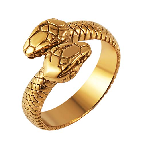 HZMAN Snake Ring Men Women Gothic Jewelry Retro Animal Fashion Personality Stainless Steel Ring (Double Head Snake Gold, 12)