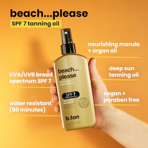 Image of b.tan SPF 7 Deep Tanning Dry Spray | Beach... Please Tanning Oil - Get a Deep Bronze & Golden Tan, Deeply Nourishes Skin from Marula & Argan Oil, Hint of Self Tan, Vegan, Cruelty Free, 236ml