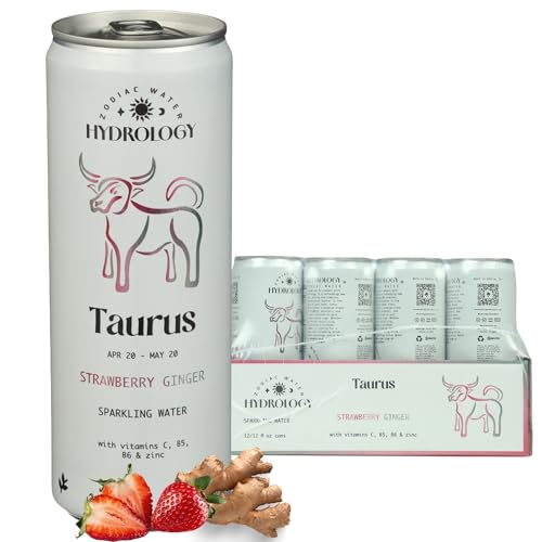 Hydrology Zodiac Water - Taurus Strawberry Ginger - Organically Flavored Social Sparkling Water with unique Vitamins and Minerals tailored to the Taurus Zodiac Sign, Astrology Drink for Birthday Gift (12-Pack, Taurus - Strawberry Ginger)