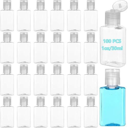 100PCS Plastic 1oz Travel Bottles, Mini Clear Travel Shampoo Bottles with Flip Cap, Small Empty Hand Sanitizer Bottle Refillable Cosmetic Containers, Portable 1oz Bottle for Body Lotion Soap Liquid