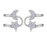 Wiftly - Pendientes de plata 925, sin orejas perforadas, luna y estrellas, con clips de oreja, Plata de ley