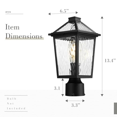 Image of zeyu 13.4 Inch Outdoor Patio Post Lighting, Exterior 2 Pack Post Light Fixtures for Patio Yard, Die-Cast Aluminum with Water Ripple Glass, Black Finish, ZX58P-2PK-SW BK