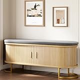 Decofy 47.2'' Entryway Storage Bench Seat with Sliding Door, Large Shoe Bench with Sturdy Metal Feet & Soft Cushion, Multi-Scene Use for Entrance, Bedroom & Living Room（Oak）