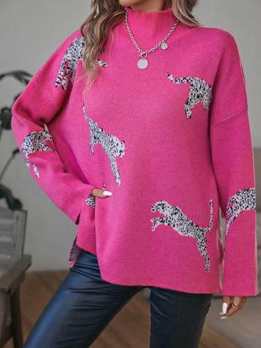 WDIRARA Women's Leopard Print High Neck Long Sleeve Sweater Casual Knit Pullovers4