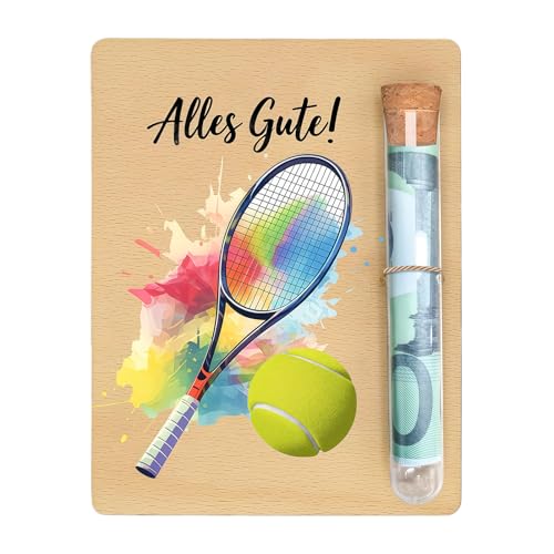 Tennis Geldgeschenke, Tennis Geschenk, Originelle Geburtstag Geschenk aus Holz für Tennisspieler & Fans - 13 x 10 cm - mit Reagenzglas, Originelles Geldgeschenk für Geburtstag Familie Freund Kollege