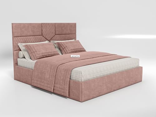 Image of Acacia Modern Upholstered King Size Bed with Box Storage for Bedroom | Wooden Double Bed with Storage | Platform Cot Bed with Upholstery Premium Fabric | 6.5 x 6 Ft | Sheesham Wood (Salmon Pink)