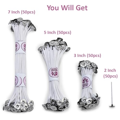 Image of Candle Wicks for Candle Making 200 Pieces 2-3-5-7 Inches Pre-Waxed Cotton Wicks Combo with Metal Sustainer for DIY Candle Making, Christmas and Diwali Celebration