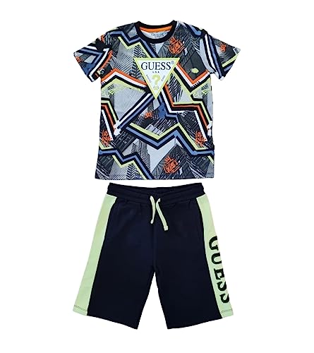 Guess Conjunto de verano para niño de 10 años - 140 cm con camiseta negra y multicolor + bermudas negro y lima, Negro , 10 años
