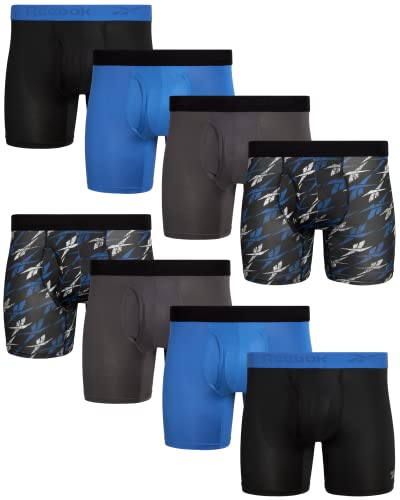 Reebok Men's Underwear - Performance Boxer Briefs With Fly Pouch (8 Pack), Size Large, Black/Blue/Charcoal/Printed Black #TOP24