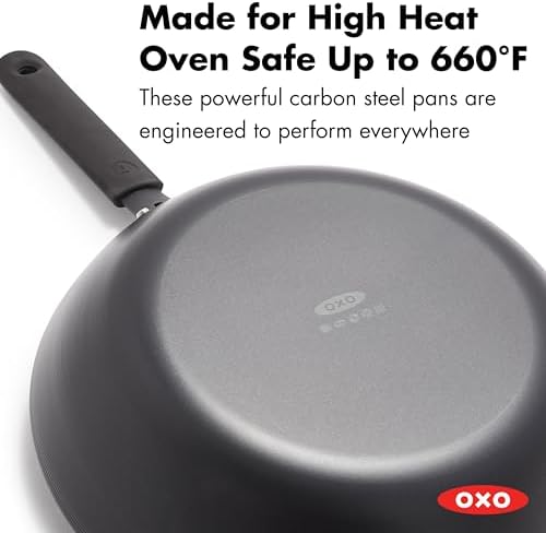 OXO Obsidian Pre-Seasoned Carbon Steel, 12" Wok Pan with Removable Silicone Handle Holder, Induction, Oven Safe, Black - Thumbnail 3