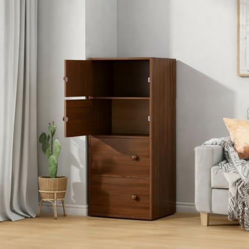 Image of 4-Door Morden Wooden Collapsible Wardrobe for Storage /Space Saving Wooden Wardrobe with Doors /Collpsible Storage Organiser /Living Room - (Walnut, 4 Layer)