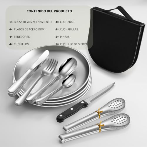 Miniatura 7 de Cubertería 23 Piezas Juego De Cubiertos De Acampada Para 4 Personas. Bolsa Portatil Con Tenedores, Cuchillos, Cucharas Y Platos De Acero Inoxidable. Vajilla Para Exteriores Incluye 4 Chucharillas