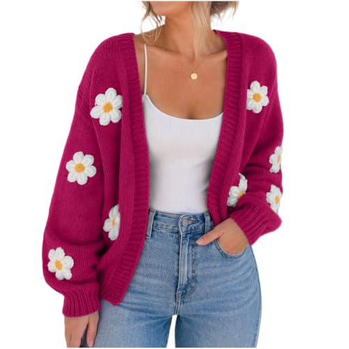 Image of Women's Daisy Flower Cardigan Chunky Knit Open Front Crochet Jumper Sweater