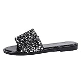 EETTARO Women's Glitter Shiny Slide Sandals Sparkle Fancy Flat Slippers Slip-on Jeweled Shoes(Black, Numeric_8)