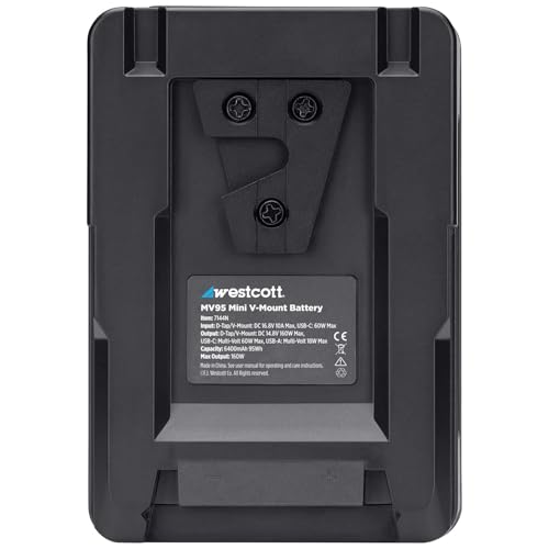Image of Westcott MV95 Mini V-Mount Battery with USB-C (14.8V, 95Wh) - Portable V-Mount Battery for Photography and Video Lighting Equipment, Laptops, and Cameras (MV95 Mini V-Mount with USB-C) | 95wh 14.8V V-Mount Battery, 60W USB-C, 18W USB-a, 14.8V D-Tap, 10a Max, 4.3x3x2.1 in, 1.2 Lb