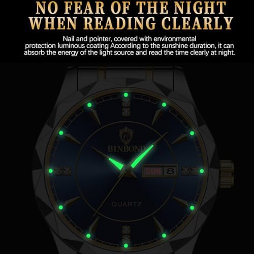 yunanwa Valentines Couple Pair Watches Men and Women Luminous Calendar Waterproof Gold Silver Stainless Steel Quartz Watch Blue Face his and Hers Watches Set Lovers Set of 2
