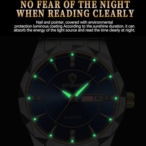 yunanwa Valentines Couple Pair Watches Men and Women Luminous Calendar Waterproof Gold Silver Stainless Steel Quartz Watch Blue Face his and Hers Watches Set Lovers Set of 2