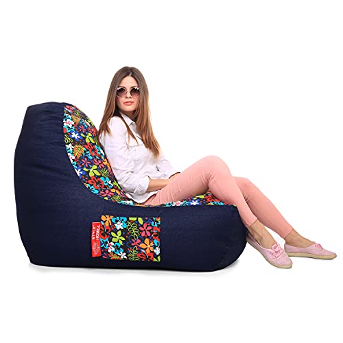 Image of Style Homez Urban Design Denim Canvas Floral Printed Chair Bean Bag XXL Size Filled with Beans Fillers