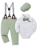SANMIO Baby Boy Clothes Suit 3-6 Months Boys Baptism Easter Outfits Baby Shirt+Bow Tie+Pants+Suspenders 4Pcs Christmas Wedding Clothing Set (New Light Green, 3-6 Months)