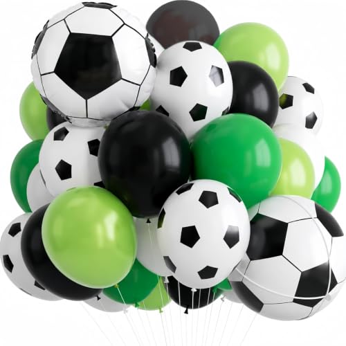 Image of Green Soccer Balloons, Green Black and White Football Theme Balloons with 4D Foil Football Balloon for Boys Kids Soccer Birthday Sports Themed Baby Shower Graduation Party Decorations