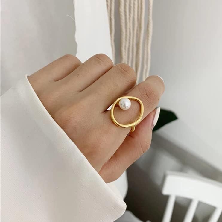 Pearl Ring for Women 925 Sterling Silver 14k Gold Plated Ring Mother Daughter Ring Danity Irregular Statement Wedding Band Bridal Ring Birthday Valentine's Day Wedding Jewelry Gifts for Her - Image 3