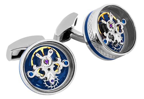 Tateossian Rhodium and Blue Enamel with 7 Jewel Tourbillon Movement Cufflinks