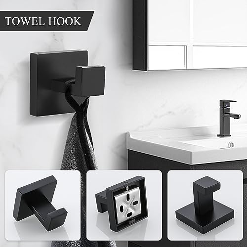 Image of Turs 4-Piece Bathroom Hardware Set Towel Bar Toilet Paper Holder Towel Ring and Towel Hook, Matt Black SUS 304 Stainless Steel Wall Mounted