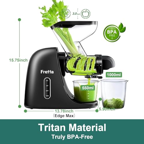 Image of Fretta Juicer Machines, Cold Press Juicer, BPA Free Masticating Juicer Machines Vegetable and Fruit, 3-Inch Wide Feeding Chute, Easy to Clean,Quiet and Strong DC Power, 200W