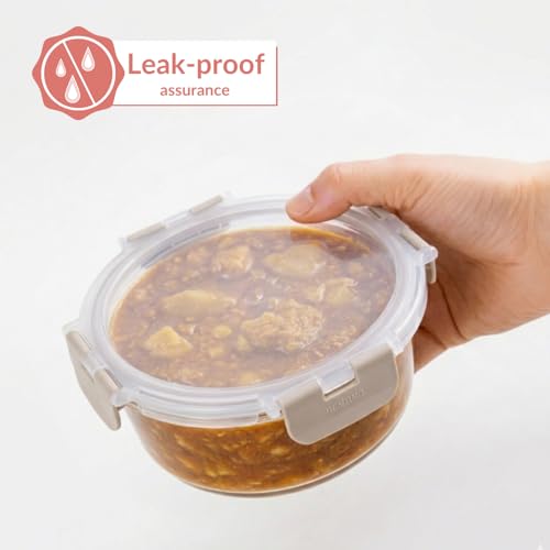 Image of Nestasia Nestro Airtight Glass Containers with Lid Set of 3 (215ml, 400ml, 600ml) | Spill Proof Round Glass Containers with Break Free Lock - Microwave, Dishwasher & Freezer Safe (Beige)