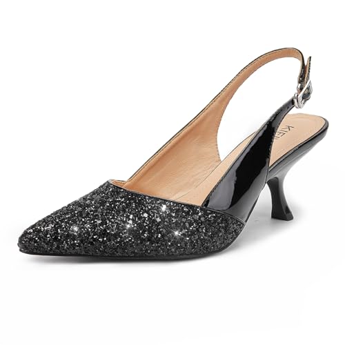 Slingback Kitten Heels for Women Closed Pointed Toe Low Heel Pumps Glitter Sparkly Rhinestone Heels Black 10