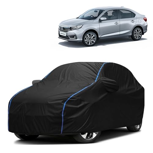 Image of Kerwa Car Body Cover Waterproof Compatible with Honda Amaze | Scratch Proof, Anti-Dust, UV Protection with Windproof Buckle Strap and Mirror Pockets, Bottom Elastic Fitted-Black
