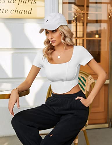 Blooming Jelly Womens Croset Crop Tops Short Sleeve Sexy Shirts Summer Cute Cropped Bustier Top 2023 (Small, White) #TOP4