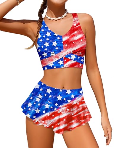 Image of Qaoerde Girls Swimsuit Tropical Print Bikini Set with Ruffle Hem Two Piece Criss Cross Bathing Suits for Girls 7-16 Years