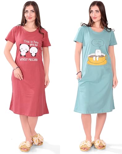 Image of Printed Knee Length Pocket Night Dresses for Women | Cat Lover | Premium Soft Cotton Nighty | Blue and Maroon