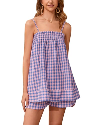 Image of calbatic Women 2 Piece Lounge Set Striped Summer Pajama Set Sleeveless Peplum Cami Top and Wide Leg Shorts Set Beachwear