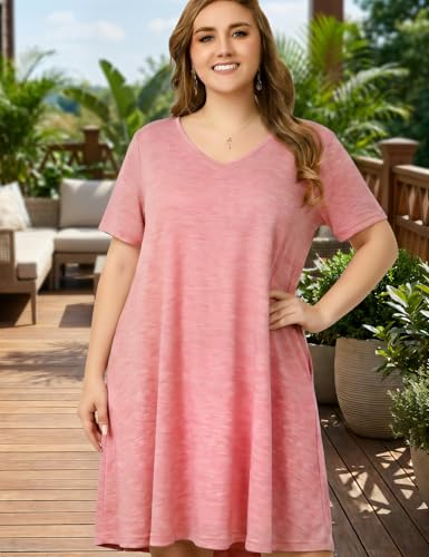 Image of OVERWORETY Womens Short Sleeve Plus Size T-Shirt Dress V Neck Casual Loose Swing A-Line Summer Tunic Dresses with Pockets