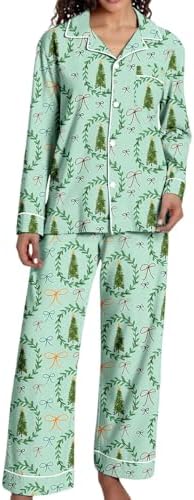 Christmas Pajamas for Women,Satin Pajama Set for Women Silk Button Down V Neck Shirt with Long Pant Soft Lounge Pjs Set