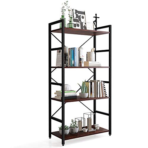 HATON 4-Tier Bookshelf, Simple Industrial Bookcase Standing Shelf Unit Storage Organizer with Wood Look Accent and Iron Frame for Home, Office, Study - Rustic Brown