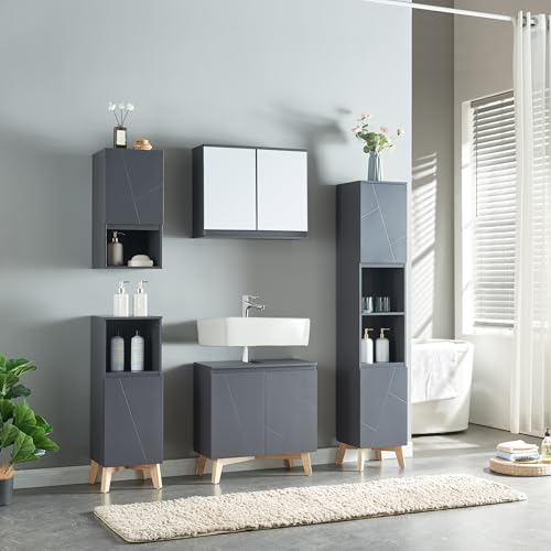 [en.casa] Set Mobili da Bagno Arredo Completo 5 Elementi Armadietto da Terra Mobile a Colonna Sottolavabo Pensile Armadio da Parete con Ante a Specchio - Grigio
