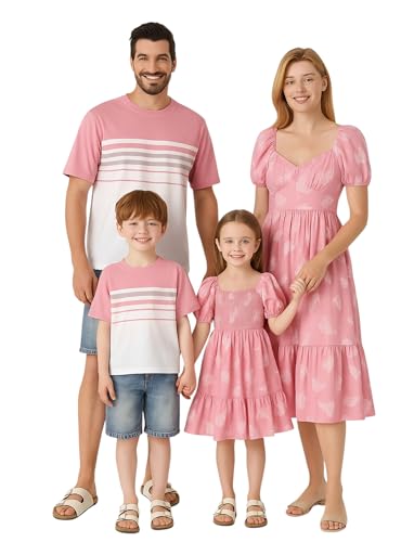 PATPAT Family Matching Outfits for Boys: Daddy and Me Matching Striped Shirts Coordinated Family Matching Short Sleeve T-Shirt for Vacation- Pink Floral Boy 6-7 Years