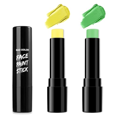 BADCOLOR Yellow &amp; Light Green Eye Black Stick Set for Sports, Professional Face Body Paint for Halloween Makeup, Witch Monster Elf Alien Frog Goblin Grinch Cosplay