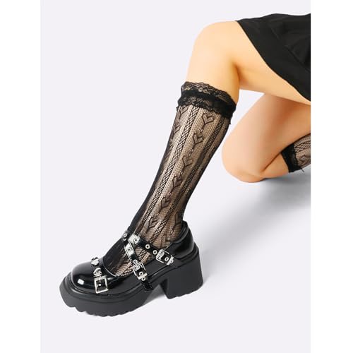 MEOTINA Platform Mary Jane Shoes Women Gothic Shoe Chunky Goth Heels with Heart Ankle Strap Black Patent Leather Pumps3